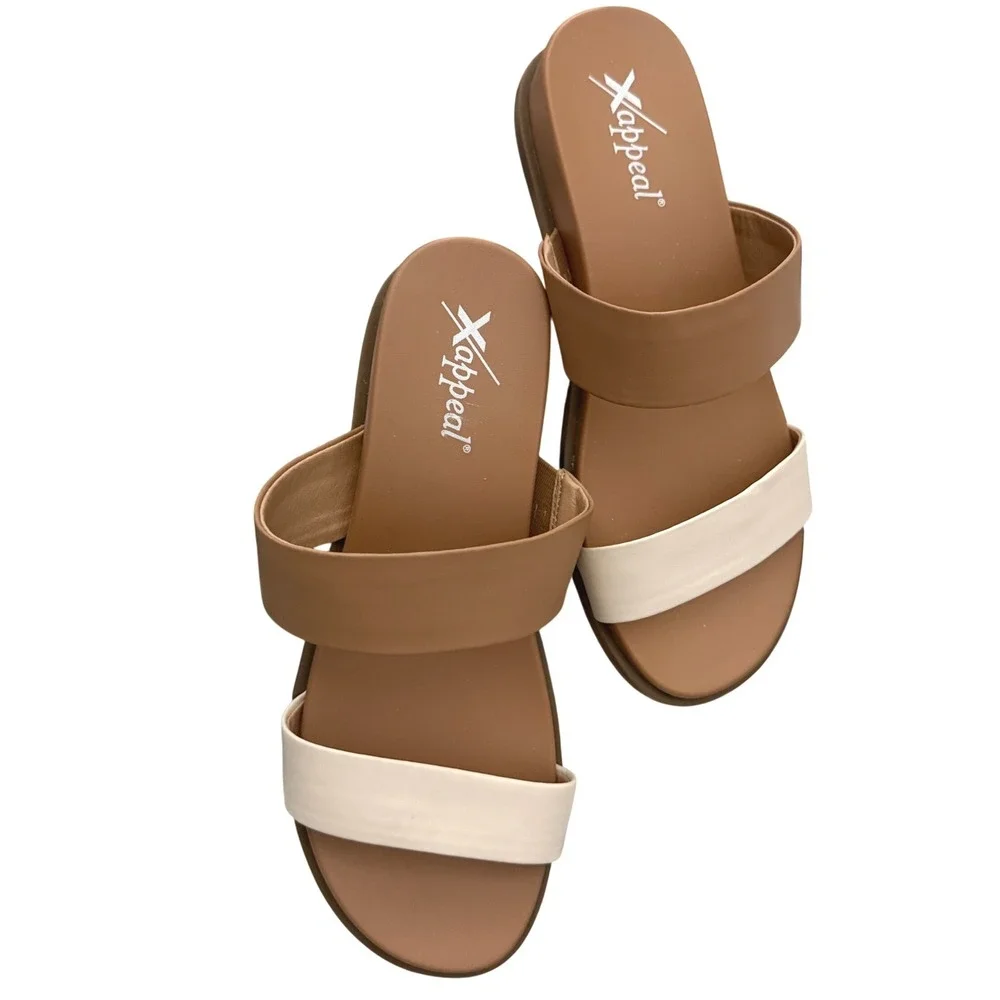 Xappeal Edith Slide Sandals Women 8M Tan Cream NWOT Two Strap Minimalist